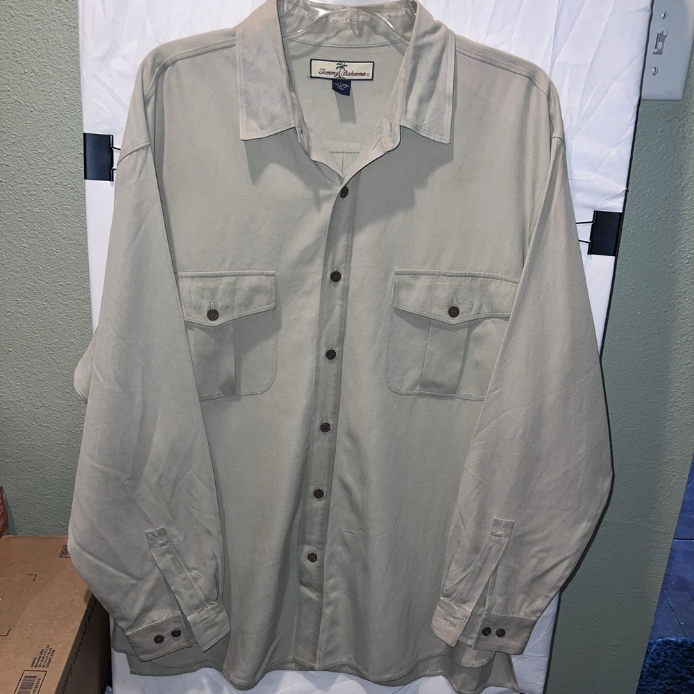 Tommy Bahama L/S  2 Pocket Silk Cotton Large Beige Cream Classic EUC